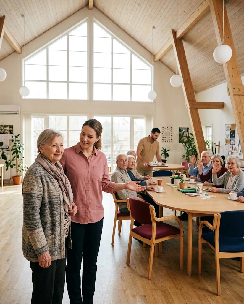 Eine Betreuerin begleitet einen Gast freundlich in den hellen Gemeinschaftsraum zu den anderen Gästen. KI-generiertes Bild.