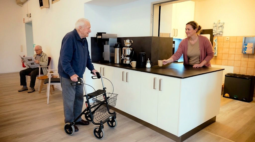 Eine Betreuerin reicht an der Küchentheke einem Gast mit Rollator eine Tasse Kaffee. KI-modifiziertes Bild: echter Raum, Personen mit KI eingefügt.
