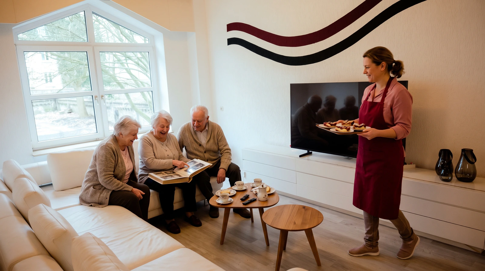 Eine Betreuerin bringt drei Gästen auf dem Sofa eine Platte mit frischem Gebäck. KI-modifiziertes Bild: echter Raum, Personen mit KI eingefügt.
