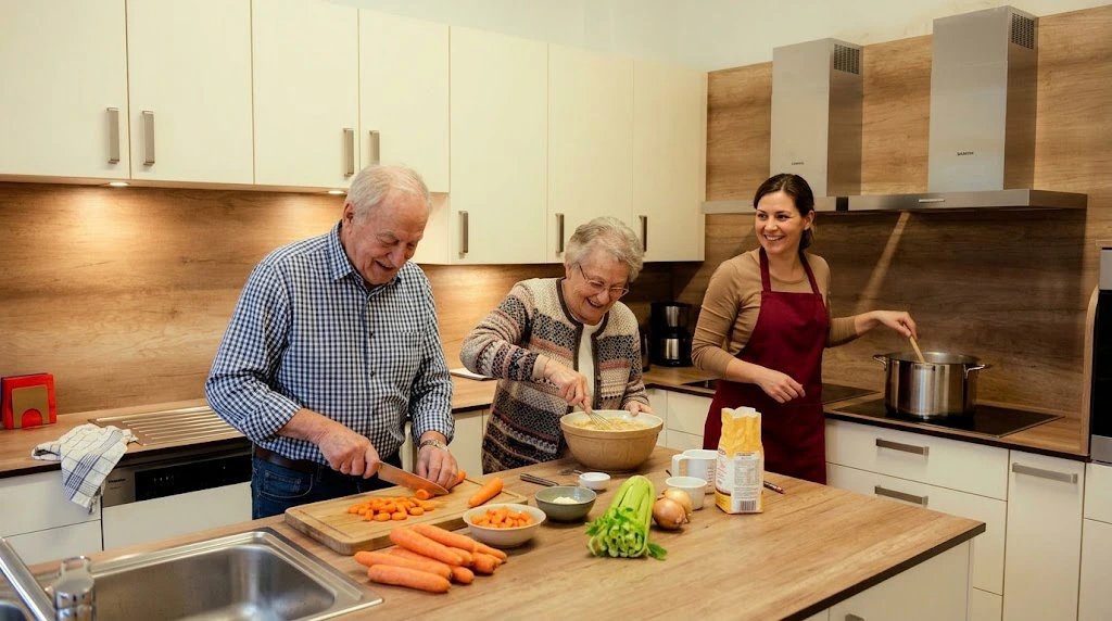 Zwei Gäste bereiten gemeinsam mit einer Betreuerin frisches Gemüse in der Küche zu. KI-modifiziertes Bild: echter Raum, Personen mit KI eingefügt.