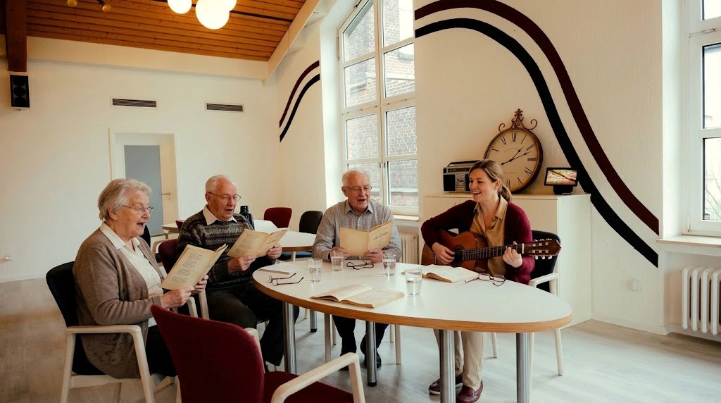 Eine Betreuerin spielt Gitarre, während drei Gäste am Tisch aus Liederheften mitsingen. KI-modifiziertes Bild: echter Raum, Personen mit KI eingefügt.