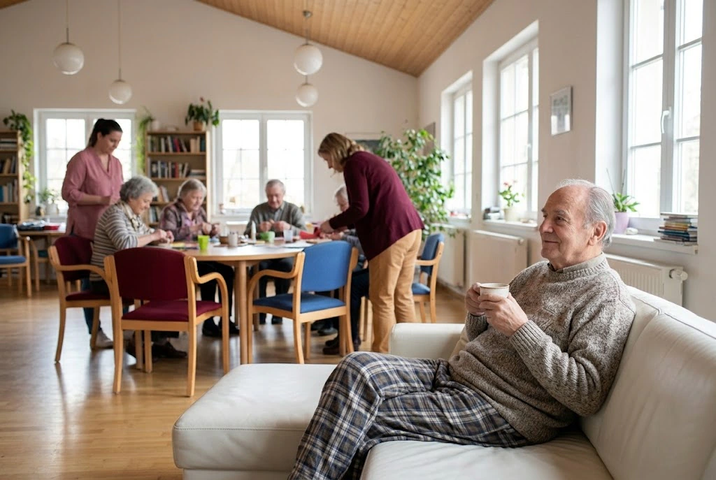 Ein Gast entspannt mit einer Tasse auf dem Sofa, während andere Gäste am Tisch sitzen. KI-generiertes Bild.