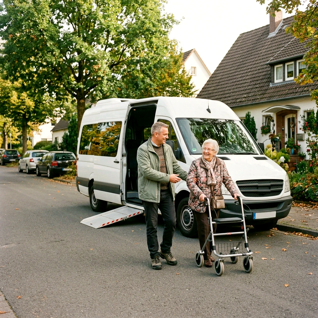 Ein Fahrer des Fahrdienstes begleitet eine Seniorin mit Rollator zum Kleinbus mit ausgeklappter Rampe.